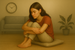 Mujer sentada en actitud introspectiva que representa la fatiga vital y el cansancio profundo no visible