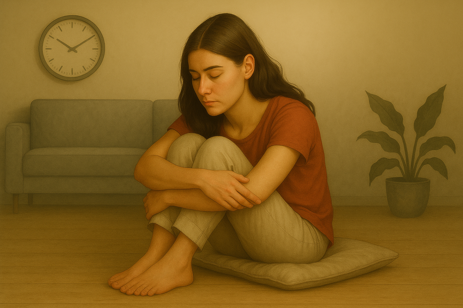 Mujer sentada en actitud introspectiva que representa la fatiga vital y el cansancio profundo no visible