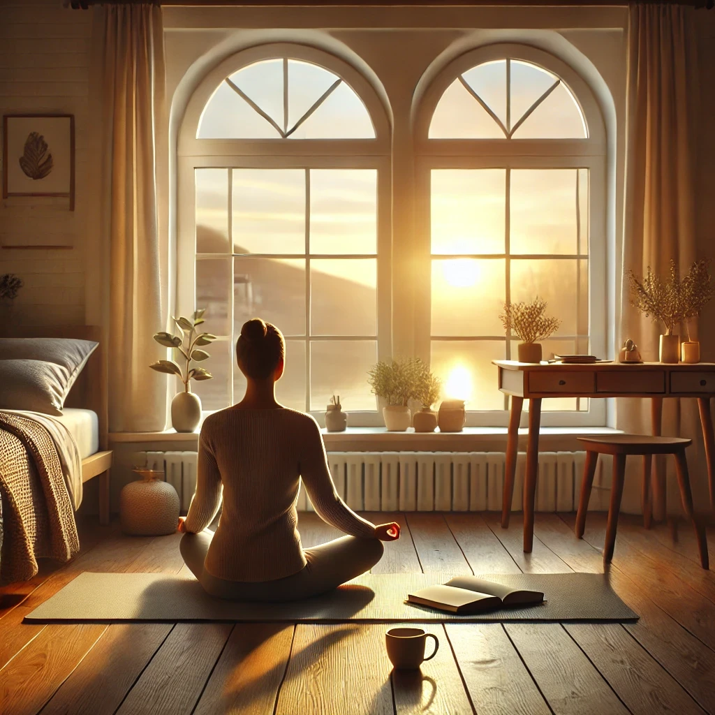 Persona meditando junto a una ventana al amanecer, con mesa minimalista.