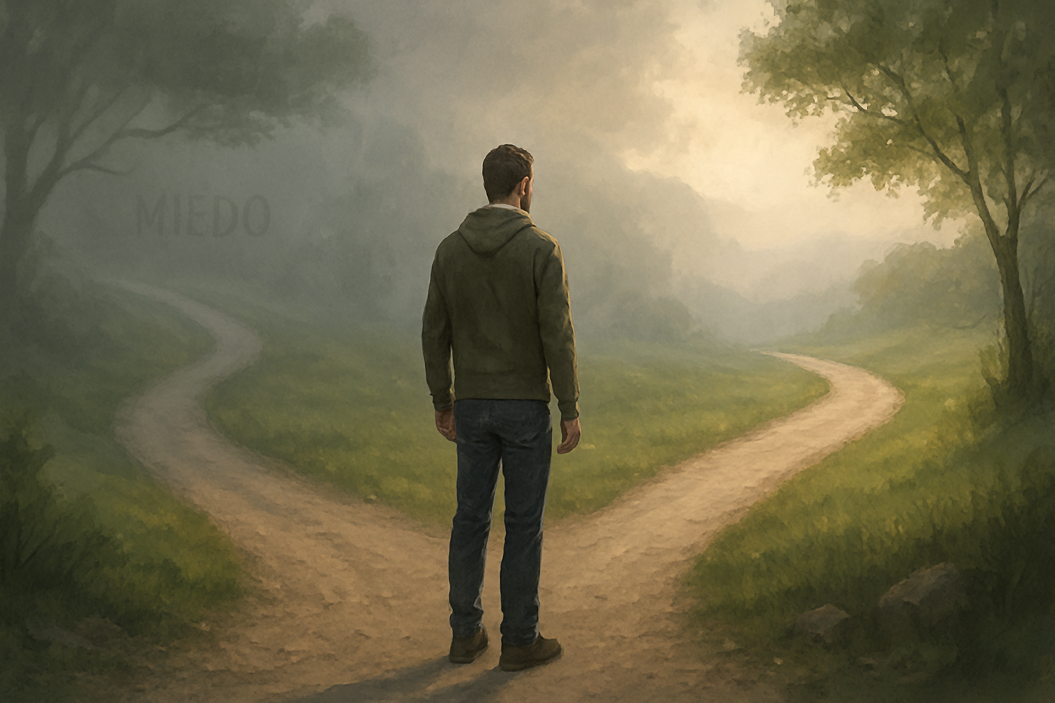 Hombre adulto de espaldas frente a una bifurcación en el camino, simbolizando el avance personal a pesar del miedo o la duda.