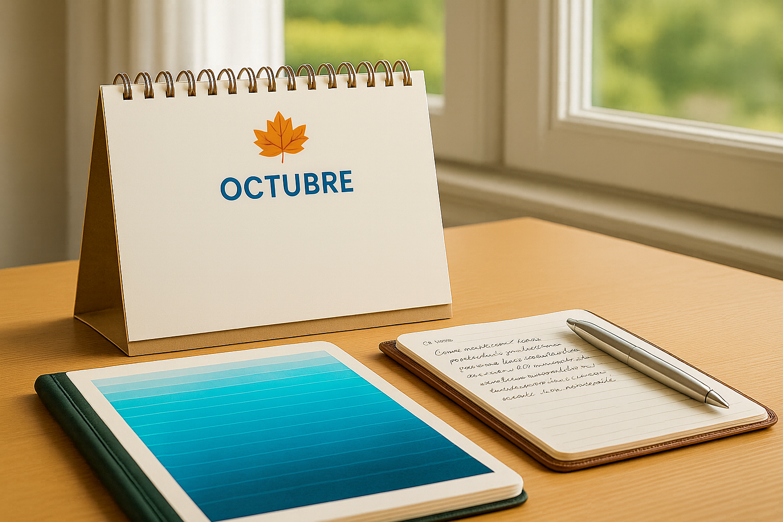 Calendario de octubre con la palabra OCTUBRE en azul y una hoja otoñal naranja, sobre un escritorio con cuadernos y bolígrafo junto a una ventana.