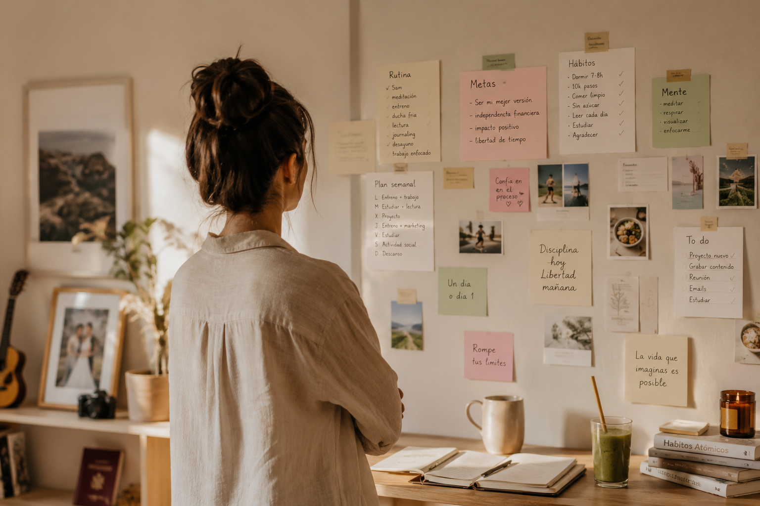 Mujer de espaldas observando un panel lleno de notas con metas, hábitos y rutinas, reflexionando sobre el equilibrio de sus áreas vitales